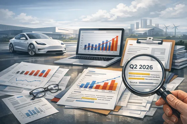 A dashboard-style visualization showing Tesla's Q2 2026 delivery forecast of ~406,024 vehicles, a comparison with BYD's 557,090 BEV sales, and regional factor icons for Europe, the