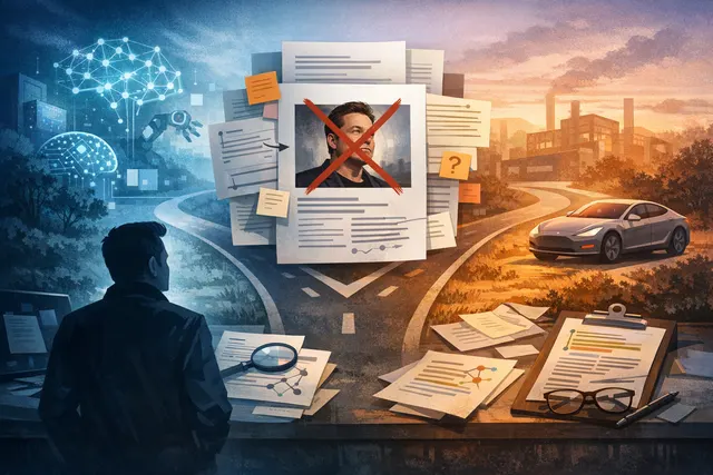 Editorial illustration representing the departure of Elon Musk from OpenAI, with elements of AI, legal documents, and Tesla branding in a split composition.