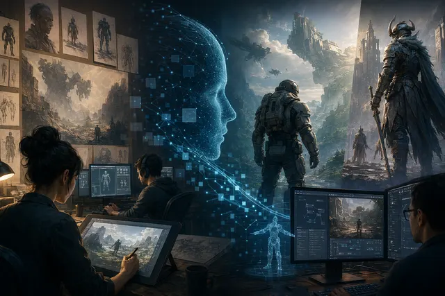 AI-generated editorial illustration of a game development studio using AI tools in an AAA production pipeline