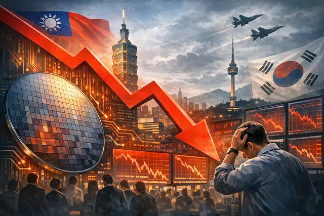 A stylized red downward trend line over a map of East Asia, with stock ticker symbols TSMC and KOSPI prominently displayed, signifying a major market selloff.