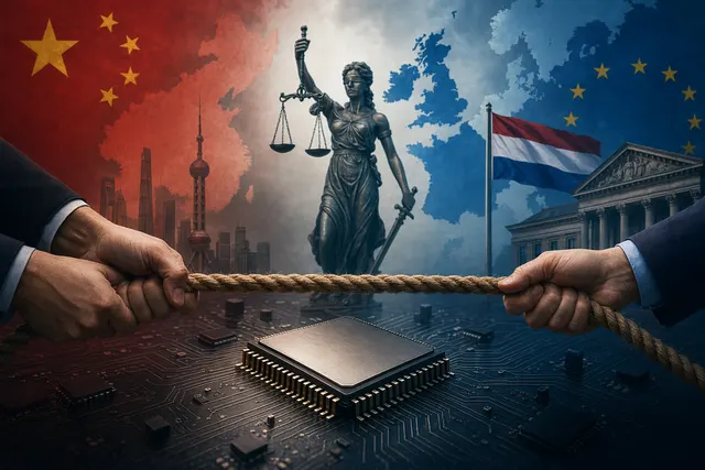 Illustration representing the legal and geopolitical dispute between China’s Wingtech Technology and Dutch semiconductor company Nexperia