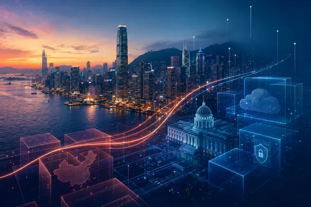Illustration representing Hong Kong’s shift from Western enterprise software to mainland Chinese technology platforms