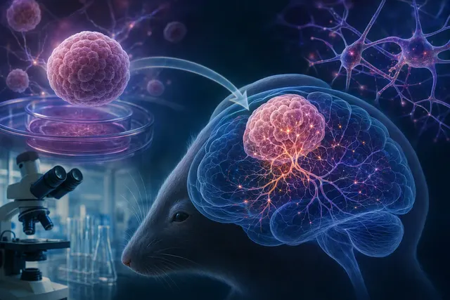 Editorial illustration of human cortical organoid tissue integrating into a mouse brain
