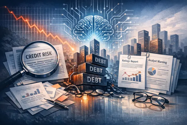 Abstract financial chart with AI and data center infrastructure icons showing an upward trend line crossing into a risk zone, representing rising credit risks from Big Tech's AI-dr