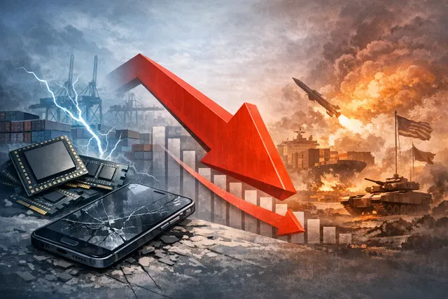 An abstract depiction of a global smartphone market in decline with a falling graph line.