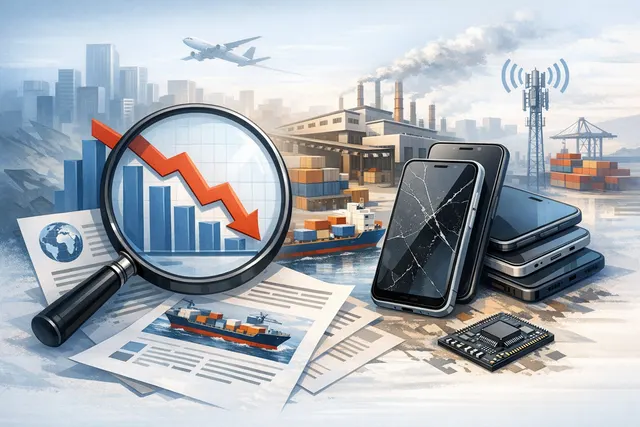 A conceptual illustration representing the global smartphone market downturn and memory chip shortage, with a smartphone silhouette and data charts.