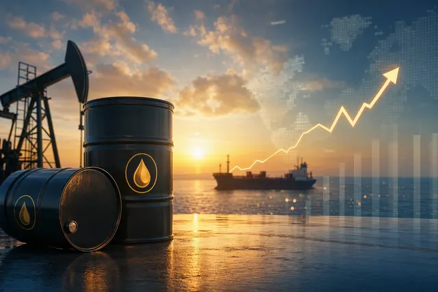Editorial illustration of crude oil market volatility amid Middle East shipping and supply risks