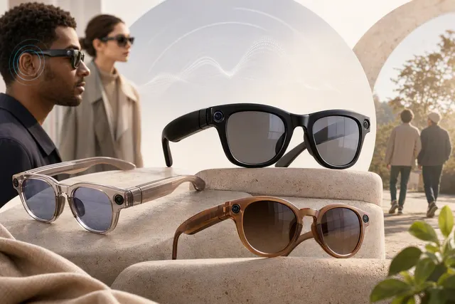 Editorial illustration of Meta smart glasses, representing camera-equipped and camera-free eyewear