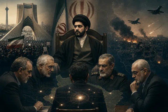 Illustration representing Iran’s hidden leadership under Mojtaba Khamenei after the 2026 strike