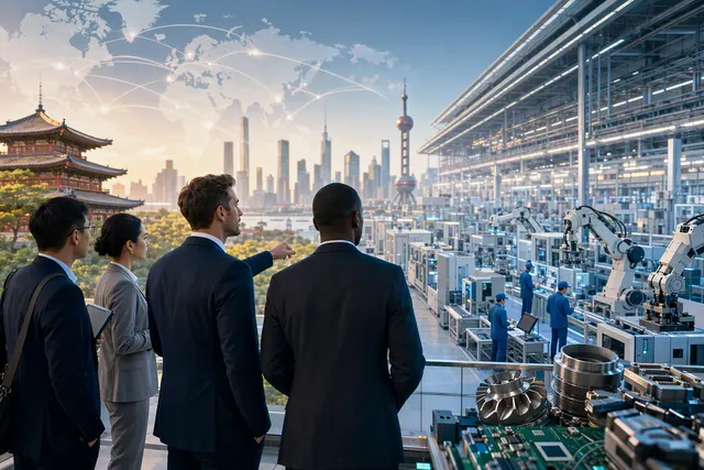 Editorial illustration of foreign investors visiting a Chinese advanced-manufacturing facility focused on AI, robotics and electric vehicles