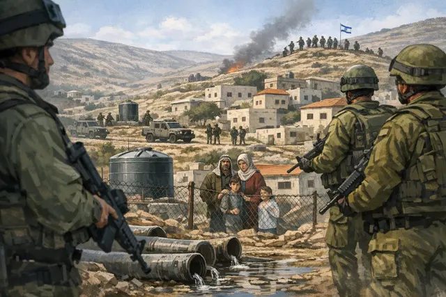 AI-generated illustration of Palestinian homes in Qusra surrounded by a roadblock and armed forces
