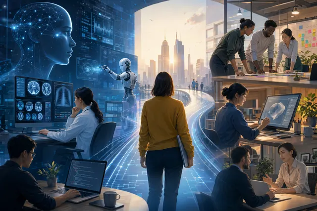 辦公桌上的筆電顯示 AI 工作流程與技能圖表，象徵 AI 重新塑造職涯