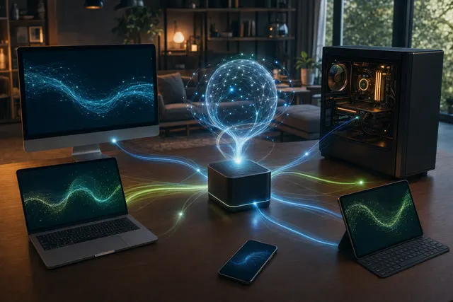 Editorial illustration of Nvidia’s PAIR local AI home-cluster concept across multiple computers