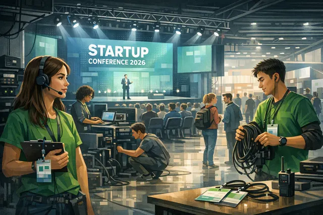 Volunteers working behind the scenes at a startup technology conference in San Francisco