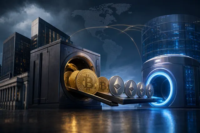 Editorial illustration of institutional Bitcoin and Ethereum transfers moving toward a crypto exchange