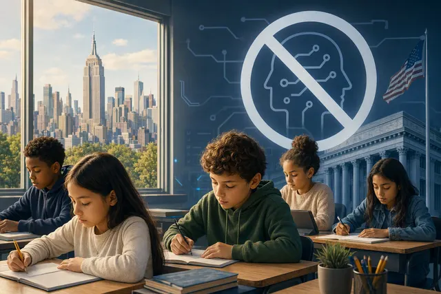 Illustration of New York City public-school AI policy affecting younger students