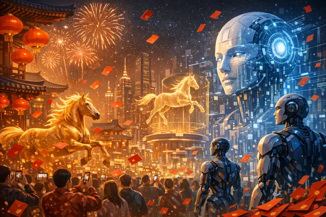 Editorial illustration of Chinese AI platforms competing during the 2026 Lunar New Year with digital red envelopes, prizes and AI model launches