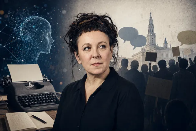 Editorial illustration representing debate over AI and literature following Olga Tokarczuk’s comments