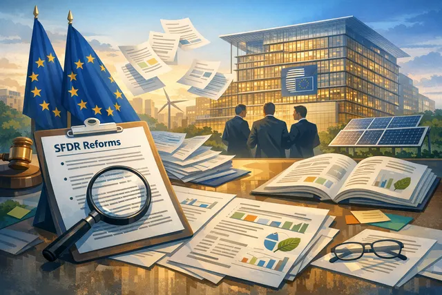 EU Council building in Brussels with sustainable finance documents in foreground