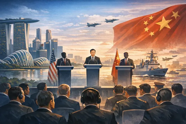An empty chair at a defense summit stage flanked by U.S. and Chinese flags, with Singapore skyline in background