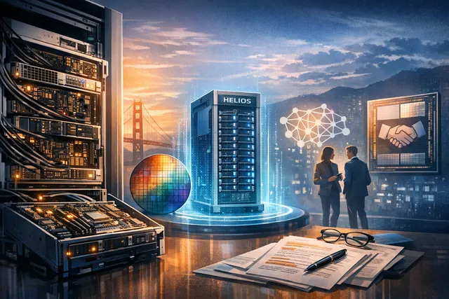 AMD CEO Lisa Su presenting at Advancing AI 2026 with Helios rack-scale system and Instinct MI455X GPU details on display