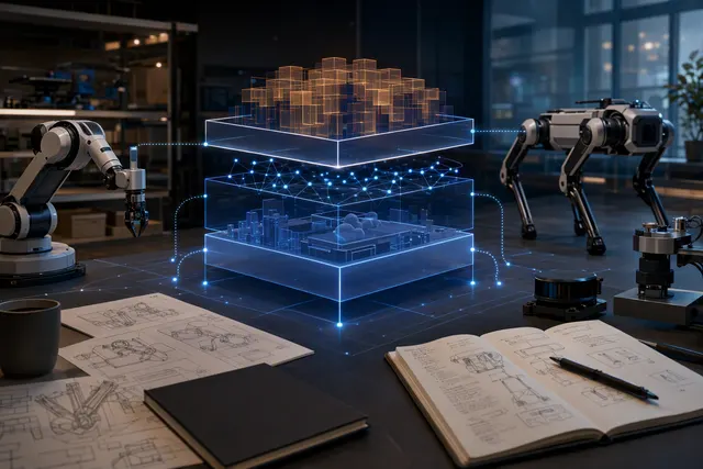 Conceptual illustration of physical AI development connecting cloud-based robotics tools with machines in the real world