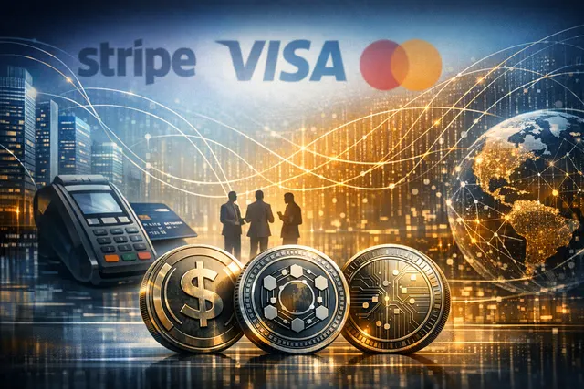 Digital illustration of payment network logos and blockchain settlement infrastructure, representing the Stripe, Visa, and Mastercard stablecoin platform concept.