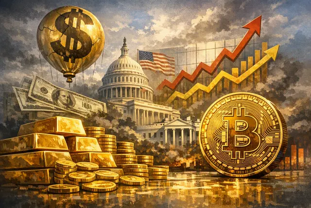 Editorial illustration of gold bars and Bitcoin against U.S. Treasury bonds and a falling dollar
