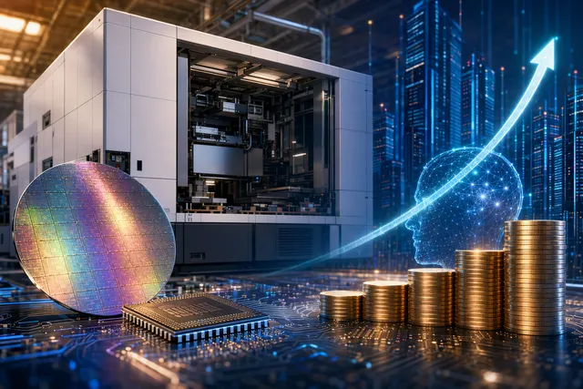 Stylized semiconductor wafer and financial chart representing ASML’s share buyback and AI chip demand outlook