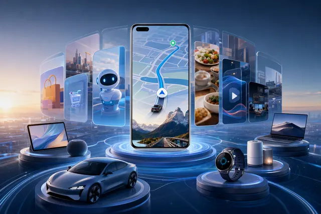 Illustration representing Alibaba apps integrated with HarmonyOS system features