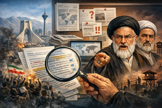 Editorial illustration representing the political crisis in Iran in 2026, showing a fractured Iranian flag and silhouettes of funeral crowds.