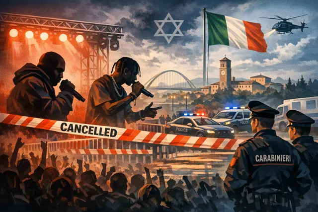 Empty concert stage with security barriers and a darkened crowd area, representing the cancelled Kanye West and Travis Scott concert in Reggio Emilia.