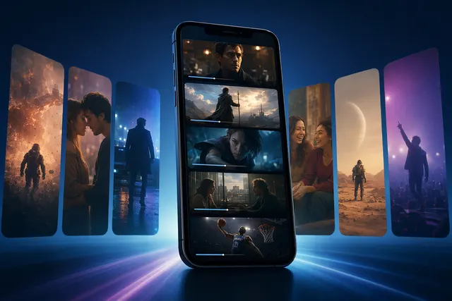 Illustration of a phone showing a vertical short-form video feed for discovering Prime Video shows and movies