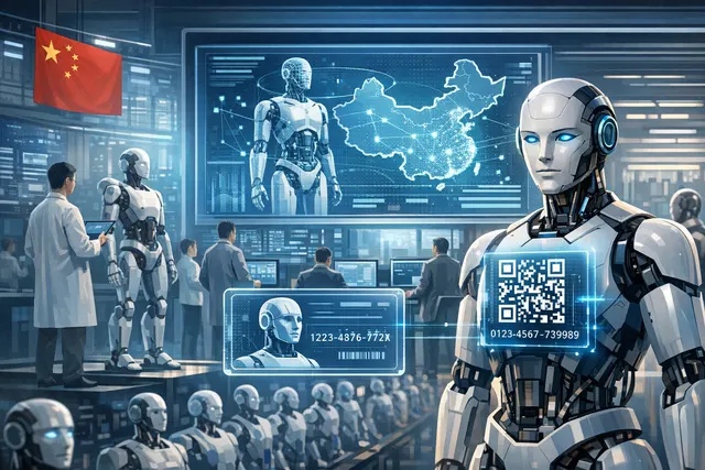 Futuristic humanoid robot face with integrated digital interface elements including a glowing biometric scan and identity code overlay against a dark technology background
