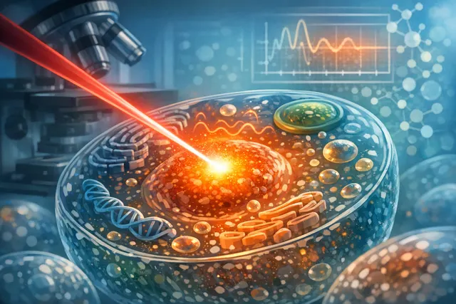 Artistic rendering of heat trapped in the complex molecular environment inside a living cell, illuminating the concept of 'nonspreading heat.'