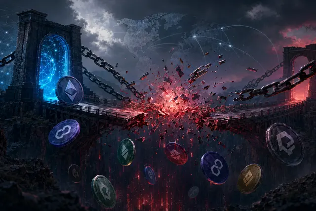 Illustration representing cross‑chain DeFi bridge hacks and stolen cryptocurrency flowing between blockchains