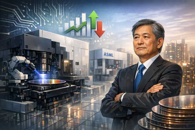A conceptual image representing Nikon competing with ASML in the semiconductor lithography market through a price war strategy in 2026