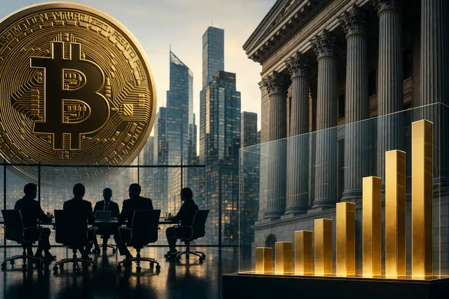 Editorial illustration representing institutional investment flows into Bitcoin ETFs and tokenized financial markets