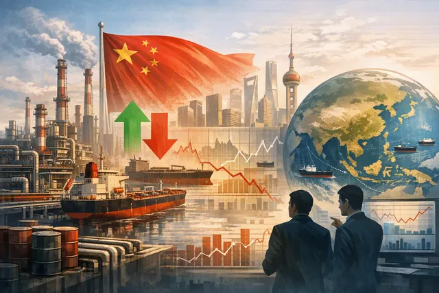 Illustration of an oil refinery with fuel storage tanks and ships, representing China's refined fuel export policy and Asian energy markets in 2026.