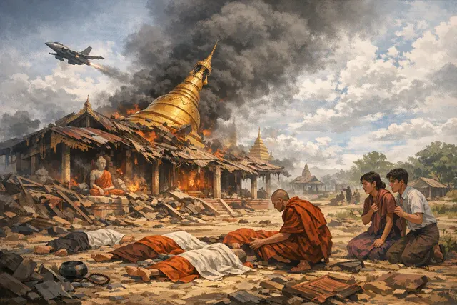 Illustration of a damaged Buddhist monastery compound after a reported airstrike in Myanmar