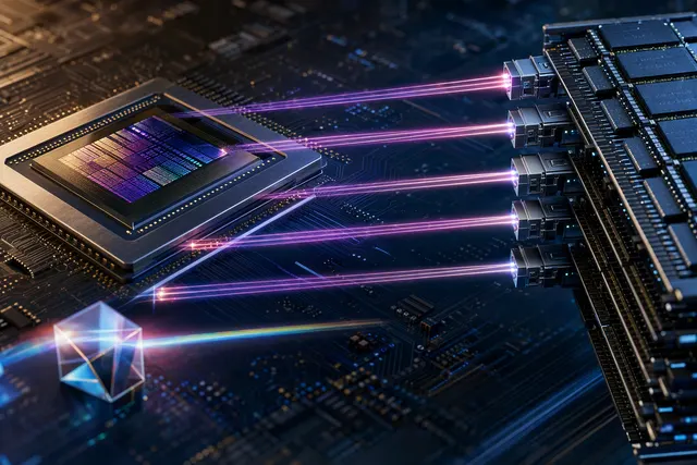 Illustration of laser-based optical links connecting an AI processor to memory chips