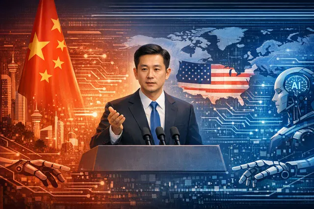 Editorial illustration of the U.S.-China AI rivalry and countries navigating between competing technology blocs