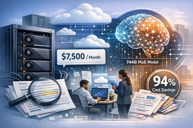 Illustration of a private cloud server node with AMD Instinct MI325X GPUs running the GLM 5.2 AI model, representing Featherless's fixed-fee inference service