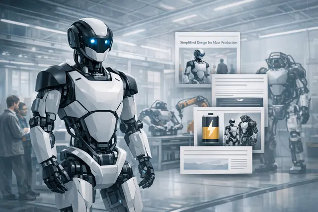 AI-generated editorial hero image showing the Boston Dynamics electric Atlas humanoid robot in a factory setting, representing its commercial production debut.