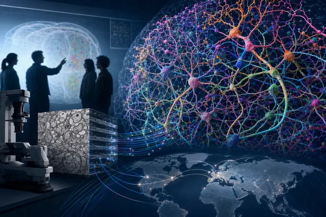 Editorial visualization of a fruit fly nervous system connectome and neural connections