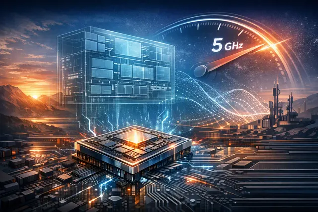 Illustration of Qualcomm’s next-generation Snapdragon platform with a glowing 5GHz Oryon CPU and shared cache architecture