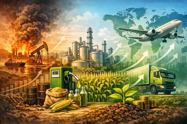 A visual representation of the 2026 Iran war oil shock and its impact on biofuel industry margins and global demand