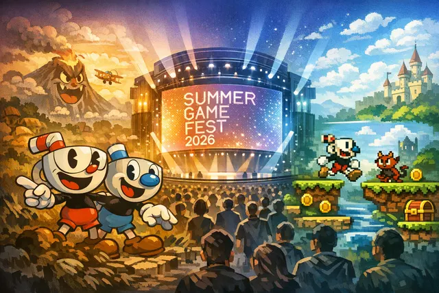 Mighty Cuphead Adventure and untitled Cuphead sequel logos side by side, pixel art vs. hand-drawn animation contrast.
