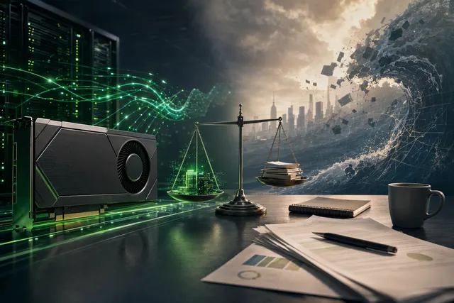 Editorial illustration accompanying an analysis of Nvidia’s AI infrastructure growth, financing risks and competition
