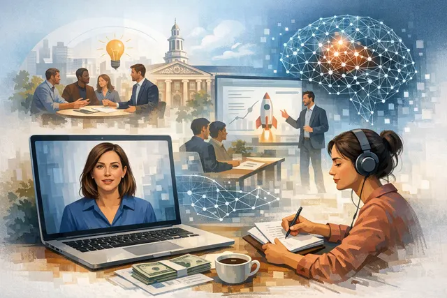 AI avatar of a business instructor facing an entrepreneur during a simulated startup pitch